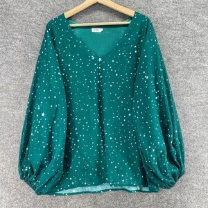 5/$45 Qearal Blouse Women L Large Green Star Print V-Neck Long Sleeve Casual